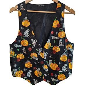 Vintage Halloween Cat Vest Womens Lg Black Pumpkins Bats 90s Whimsygoth Kittens